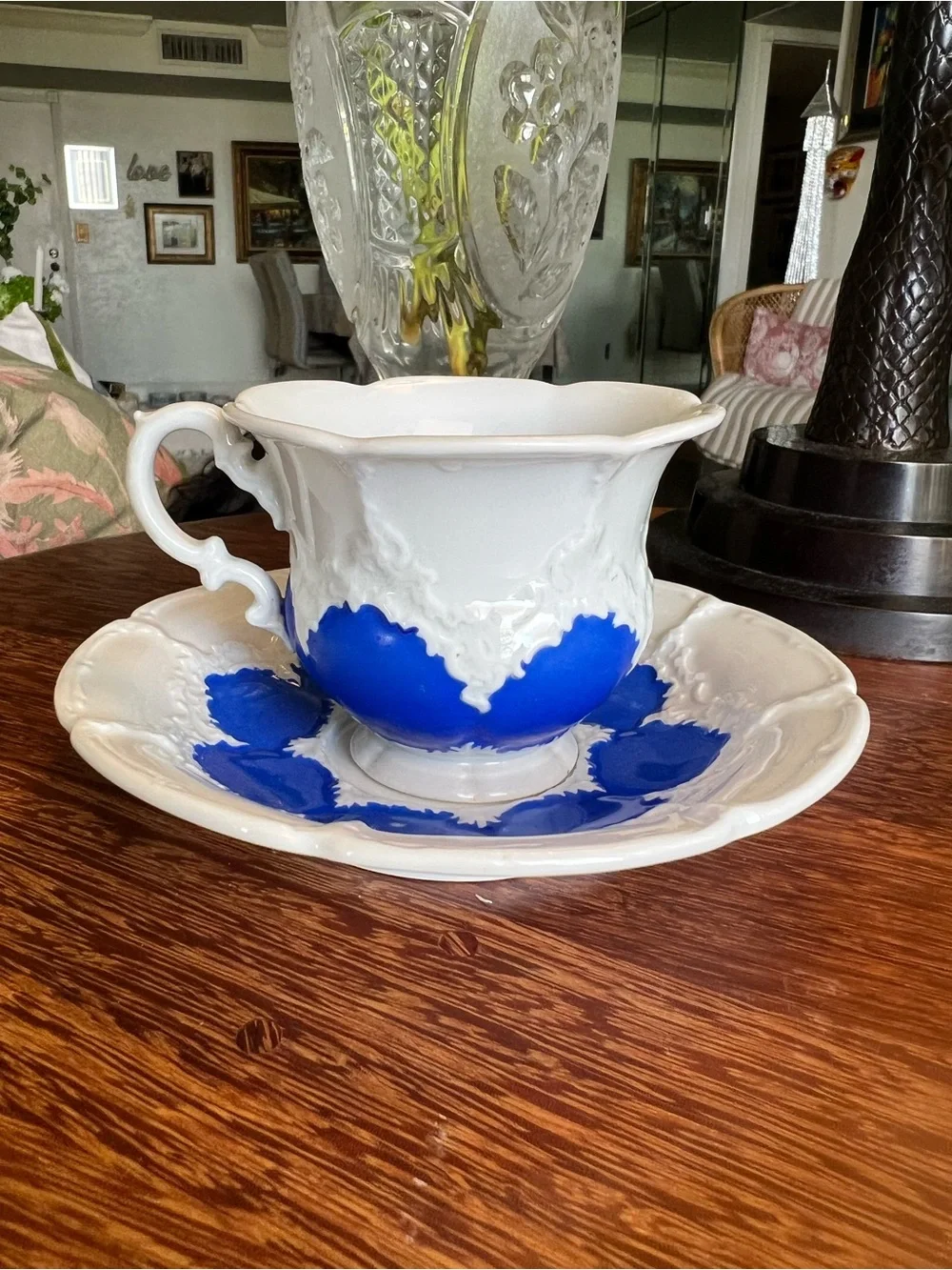 Authentic Meissen B-Form Cobalt Blue and White Porcelain Teacup & Saucer Set